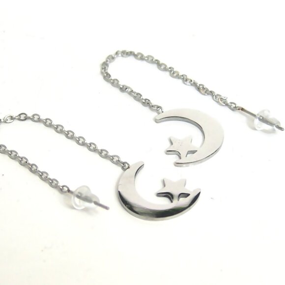 Threader Earrings Crescent Moon Star Stainless Surgical Steel Hypoallergenic - Picture 3 of 3